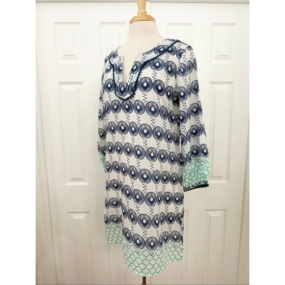 Nimo Blue White Pom Pom Embroidered Cotton Silk Dress Size Large - Picture 1 of 8